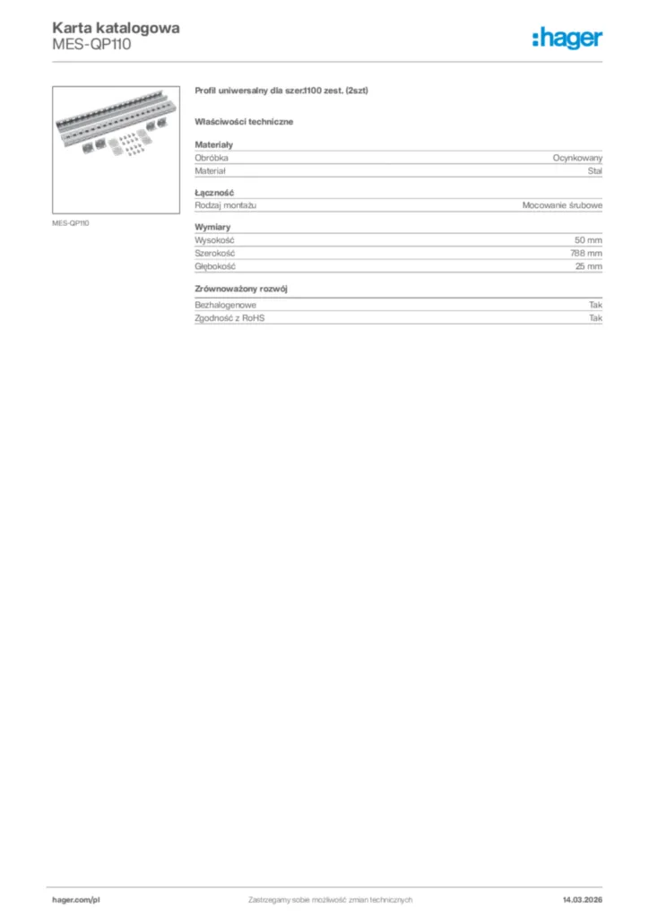 Zdjęcie Hager Karta katalogowa MES-QP110 | Hager Polska