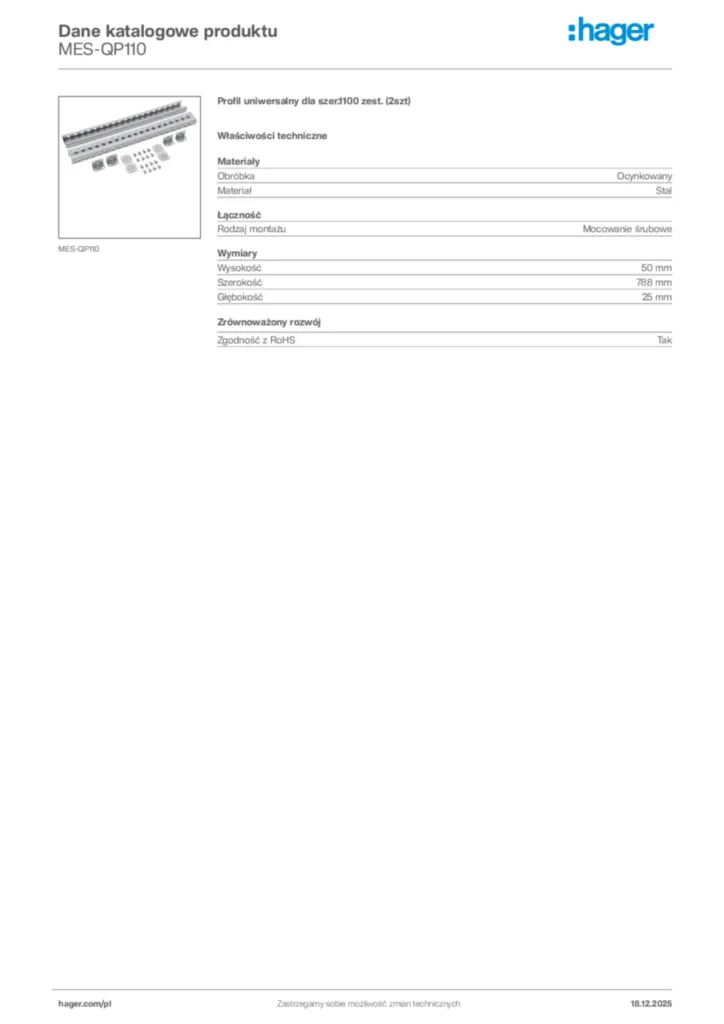 Zdjęcie Hager Karta katalogowa MES-QP110 | Hager Polska