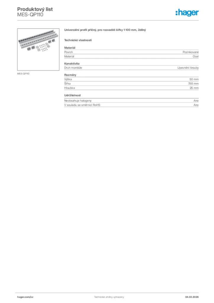 Obrázek Hager Product data sheet MES-QP110 | Hager