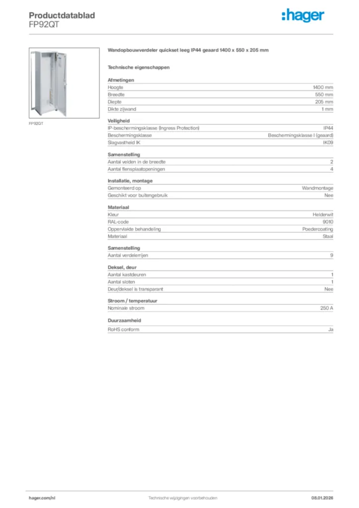 Afbeelding Hager Productdatablad FP92QT | Hager Nederland