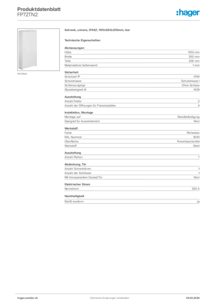 Bild Hager Produktdatenblatt FP72TN2 | Hager Schweiz