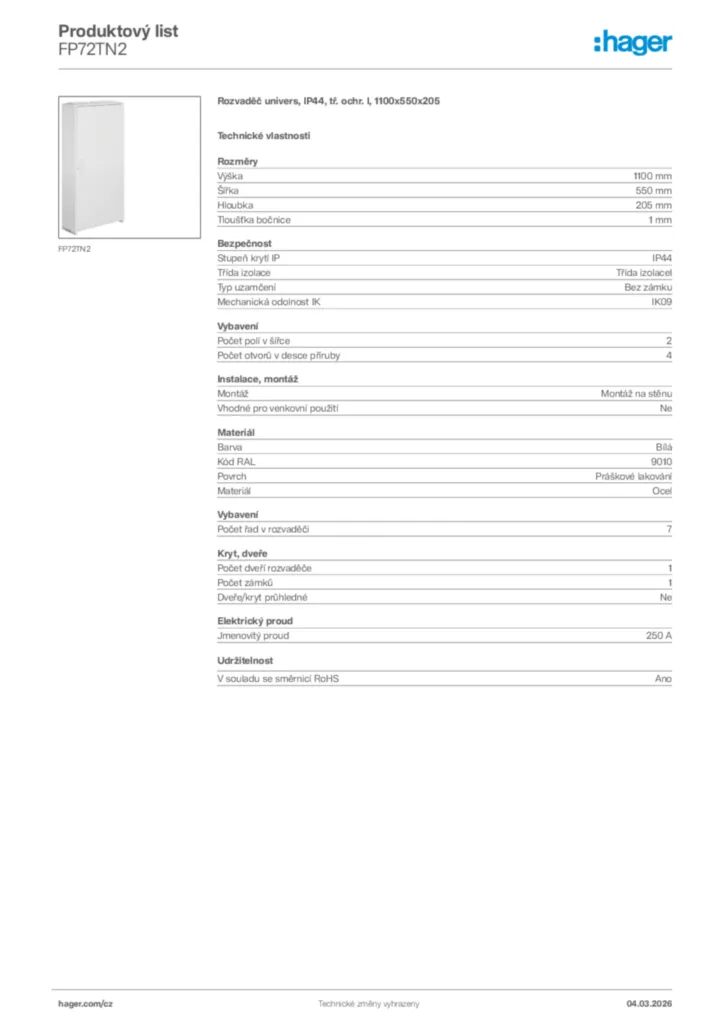 Obrázek Hager Product data sheet FP72TN2 | Hager