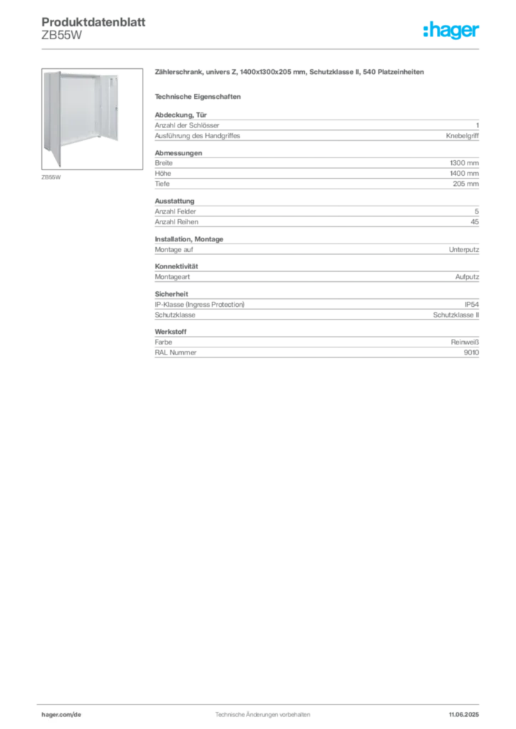 Hager Produktdatenblatt ZB55W