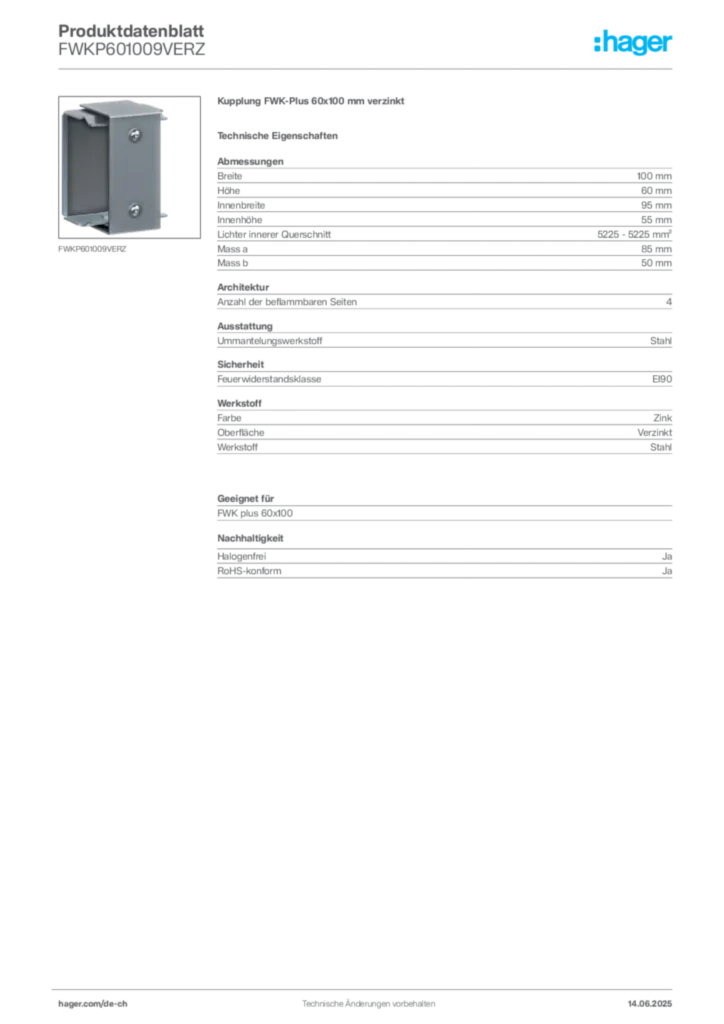 Bild Hager Produktdatenblatt FWKP601009VERZ | Hager Schweiz