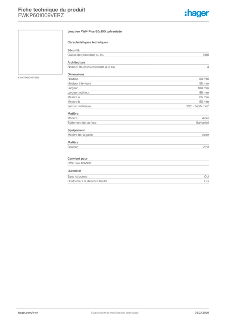 Image Hager Fiche technique du produit FWKP601009VERZ | Hager Suisse