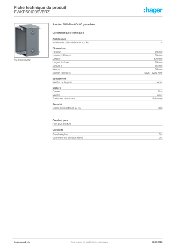 Image Hager Fiche technique du produit FWKP601009VERZ | Hager Suisse