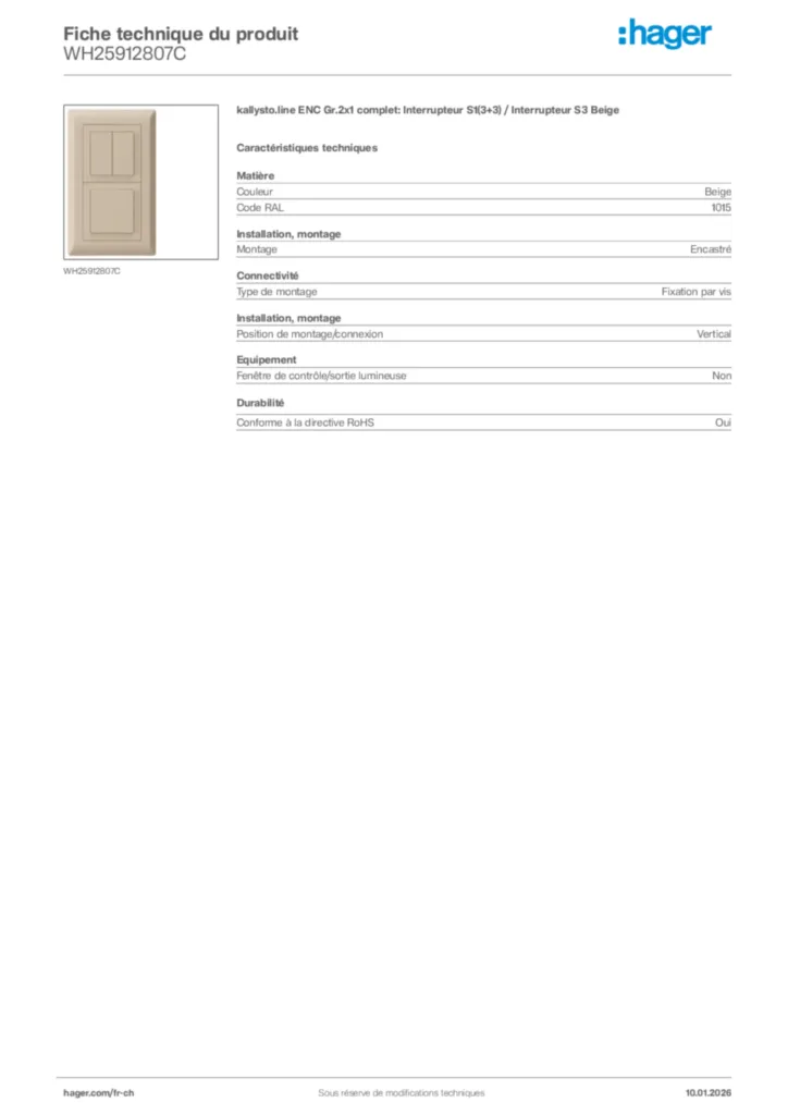 Image Hager Fiche technique du produit WH25912807C | Hager Suisse