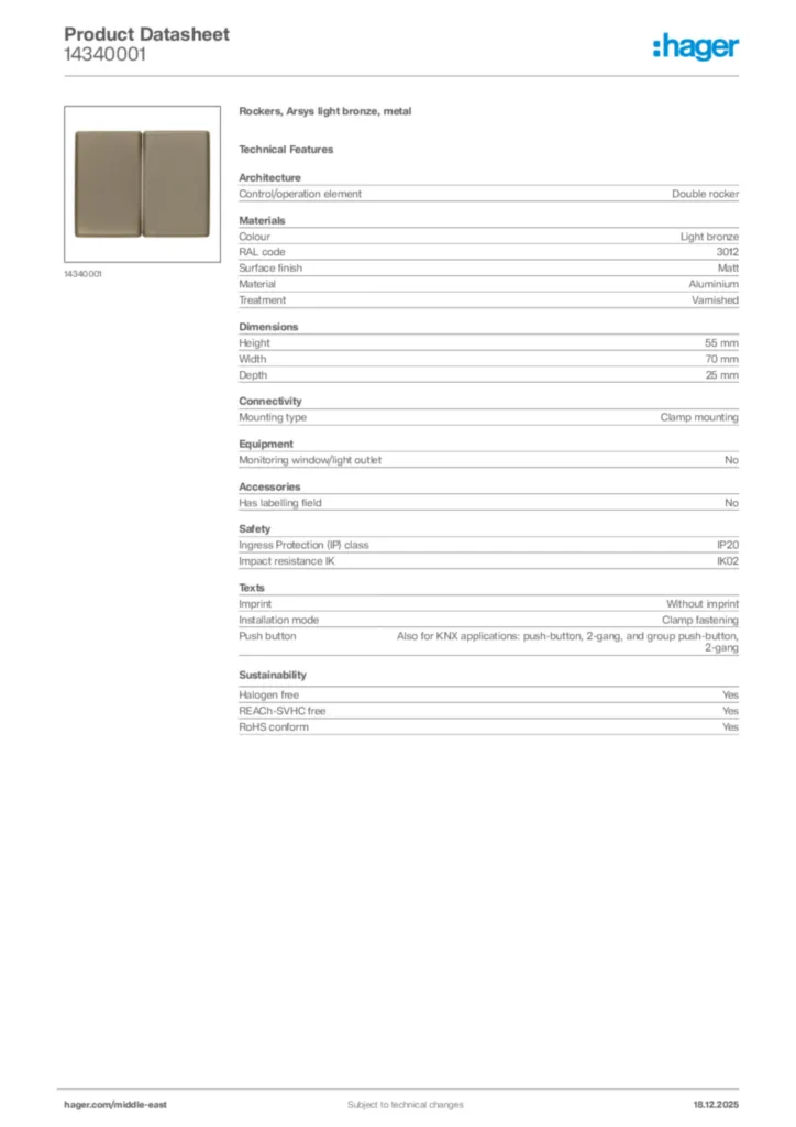 Image Hager Product data sheet 14340001  | Hager
