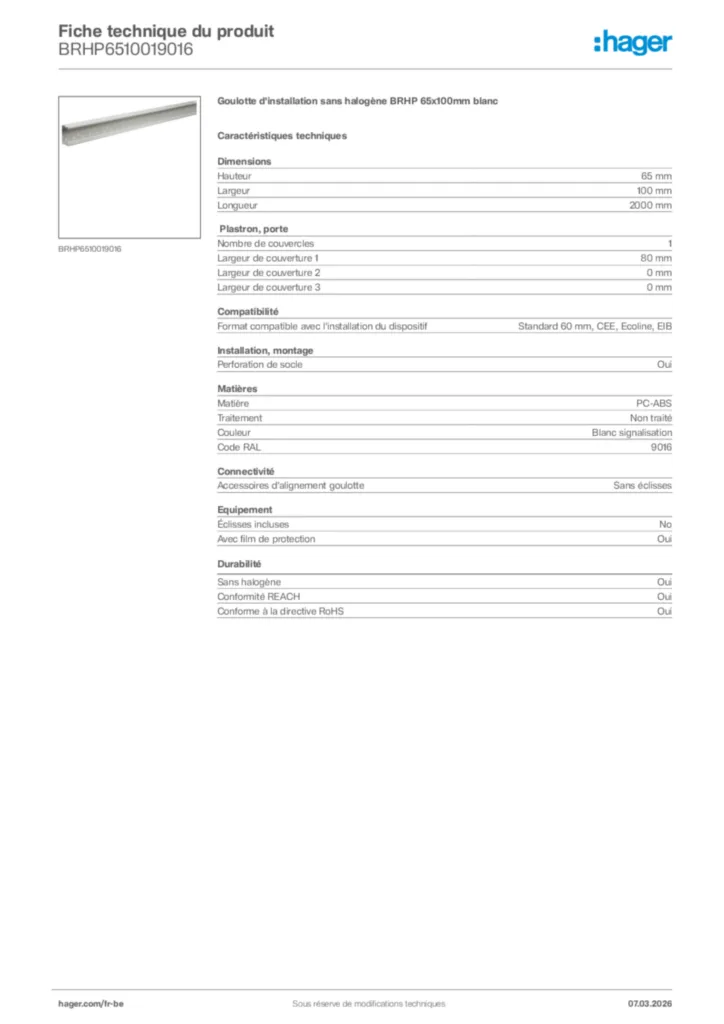 Image Hager Fiche technique du produit BRHP6510019016 | Hager Belgique