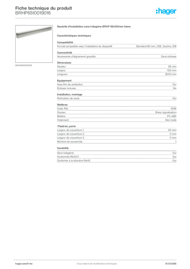 Image Hager Fiche technique du produit BRHP6510019016 | Hager Belgique