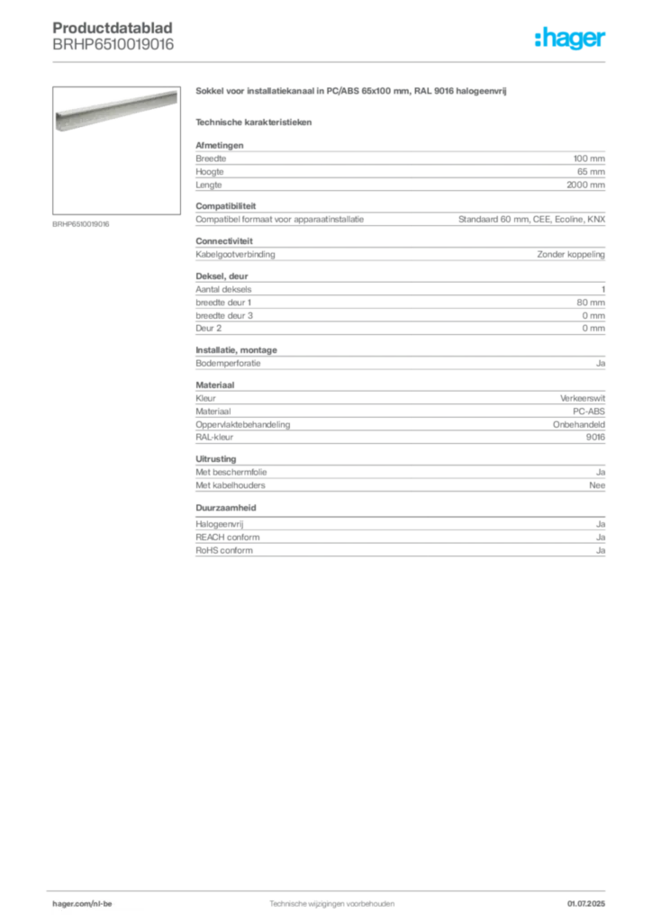 Afbeelding Hager Productdatablad BRHP6510019016 | Hager Belgium