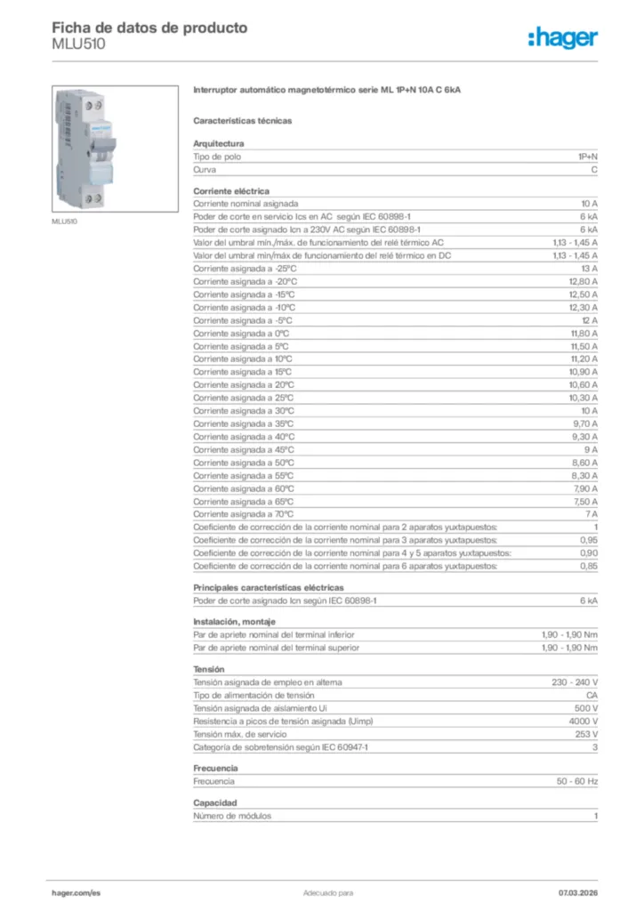 Imagen Hager Ficha de datos de producto MLU510 | Hager España