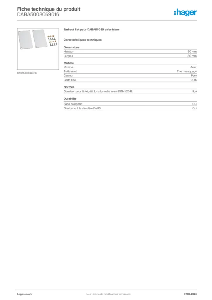 Image Hager Fiche technique du produit DABA5008069016 | Hager France
