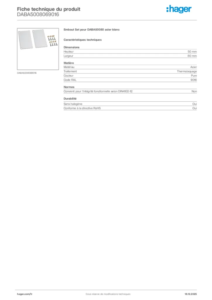 Image Hager Fiche technique du produit DABA5008069016 | Hager France
