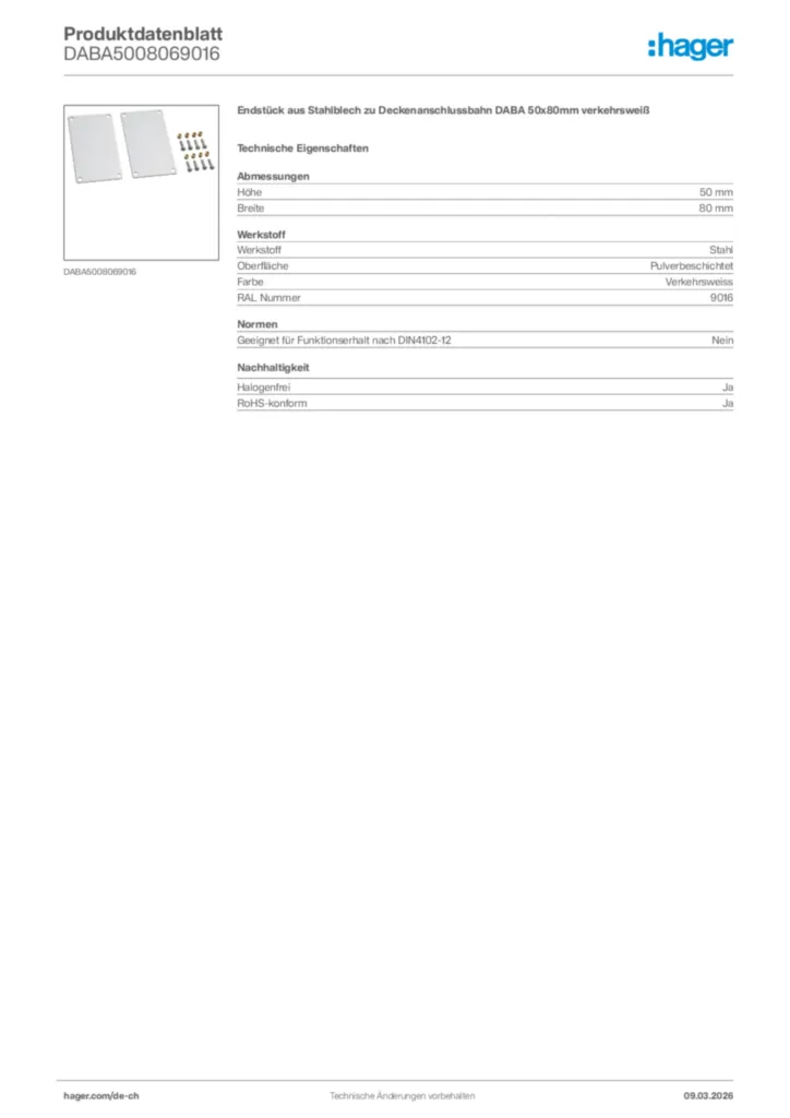 Bild Hager Produktdatenblatt DABA5008069016 | Hager Schweiz