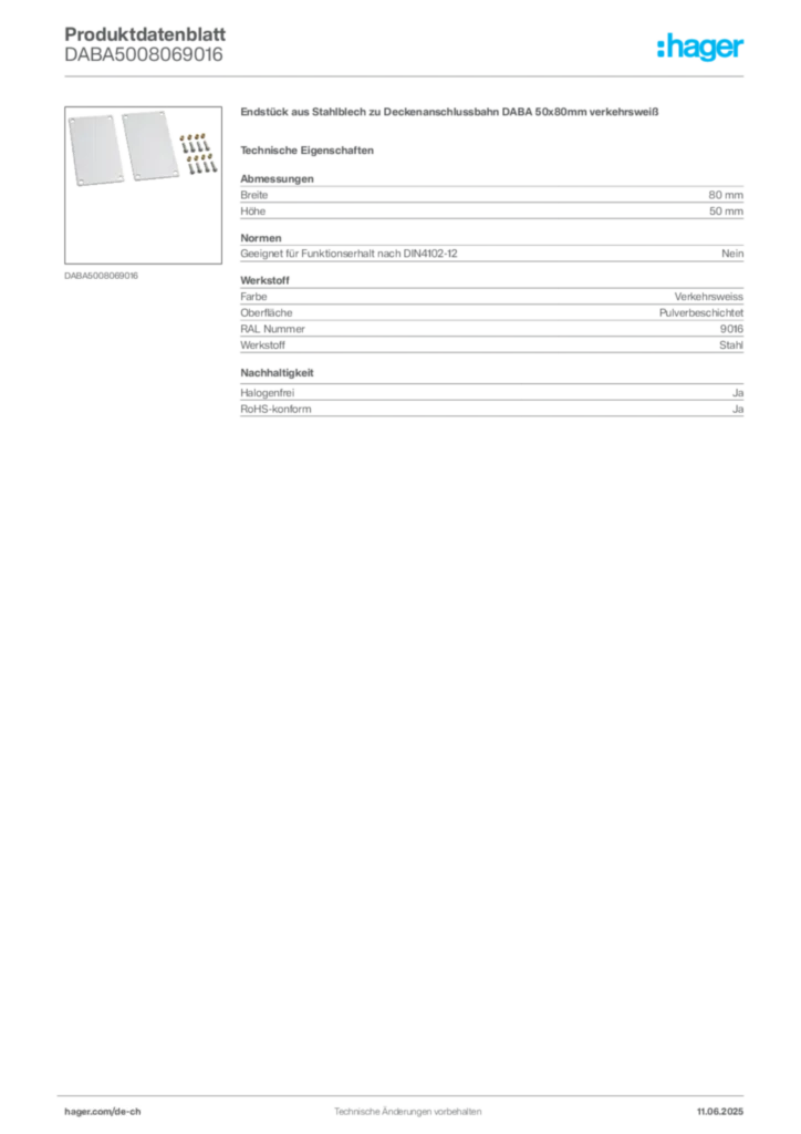 Bild Hager Produktdatenblatt DABA5008069016 | Hager Schweiz