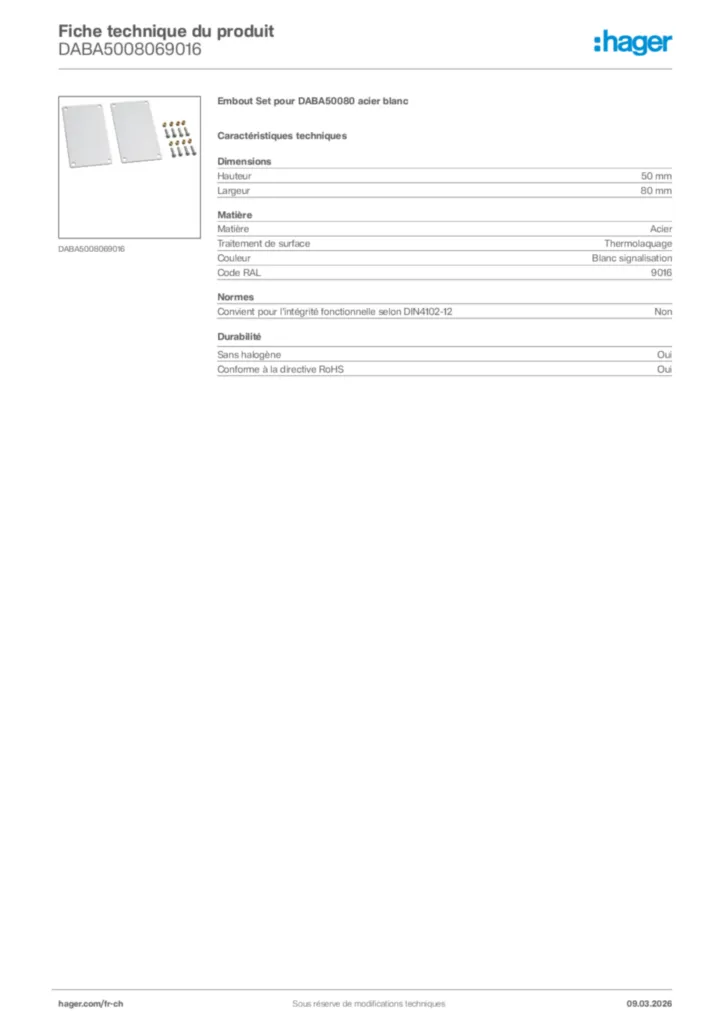 Image Hager Fiche technique du produit DABA5008069016 | Hager Suisse