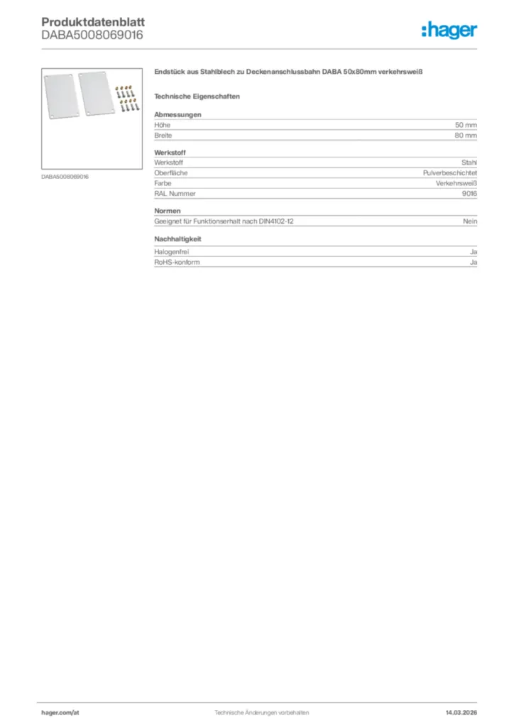 Bild Hager Produktdatenblatt DABA5008069016 | Hager Deutschland