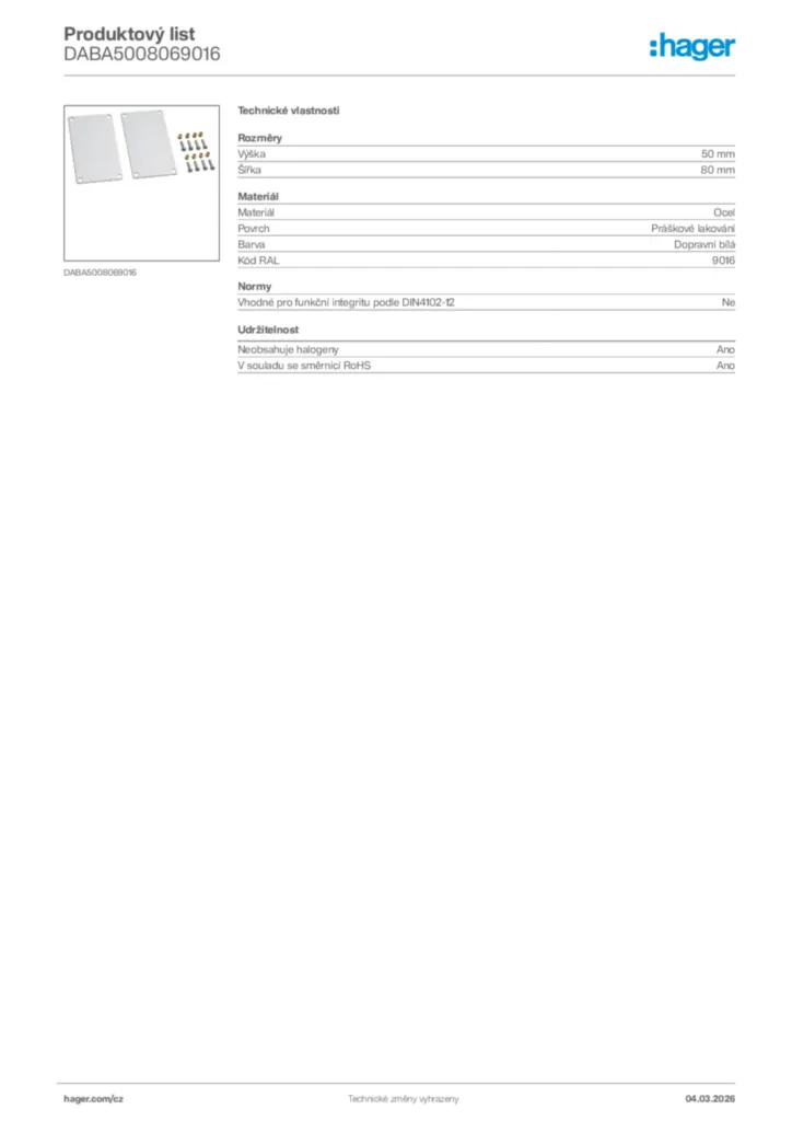 Obrázek Hager Product data sheet DABA5008069016 | Hager