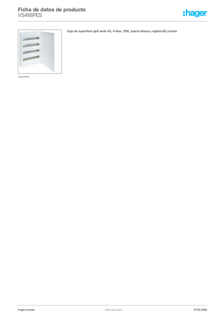 Imagen Hager Ficha de datos de producto VS418PES | Hager España