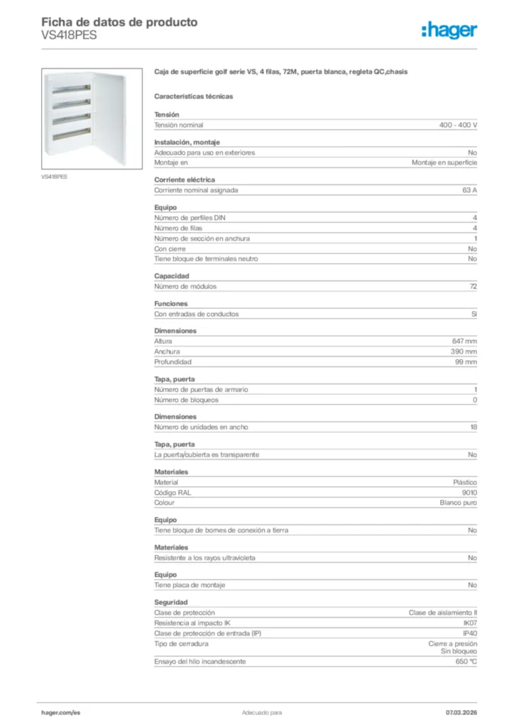 Imagen Hager Ficha de datos de producto VS418PES | Hager España