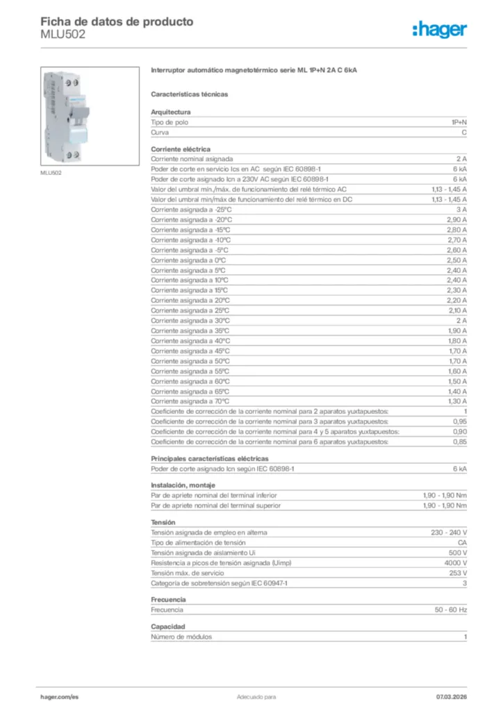 Imagen Hager Ficha de datos de producto MLU502 | Hager España