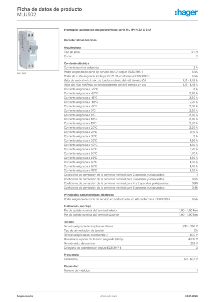 Imagen Hager Ficha de datos de producto MLU502 | Hager España