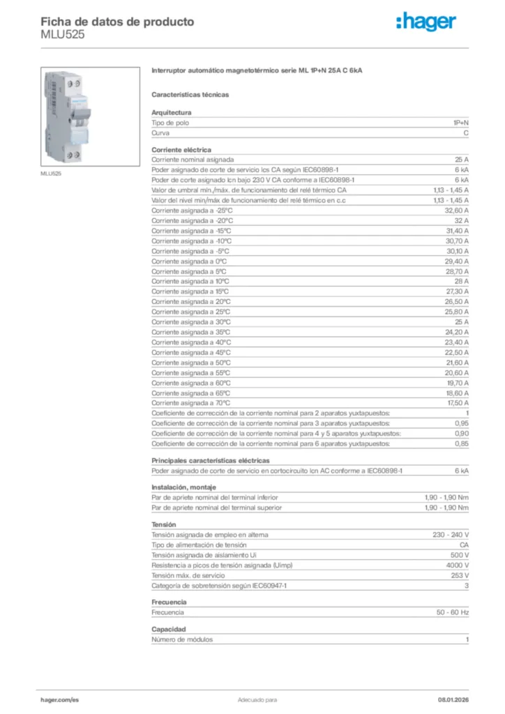 Imagen Hager Ficha de datos de producto MLU525 | Hager España