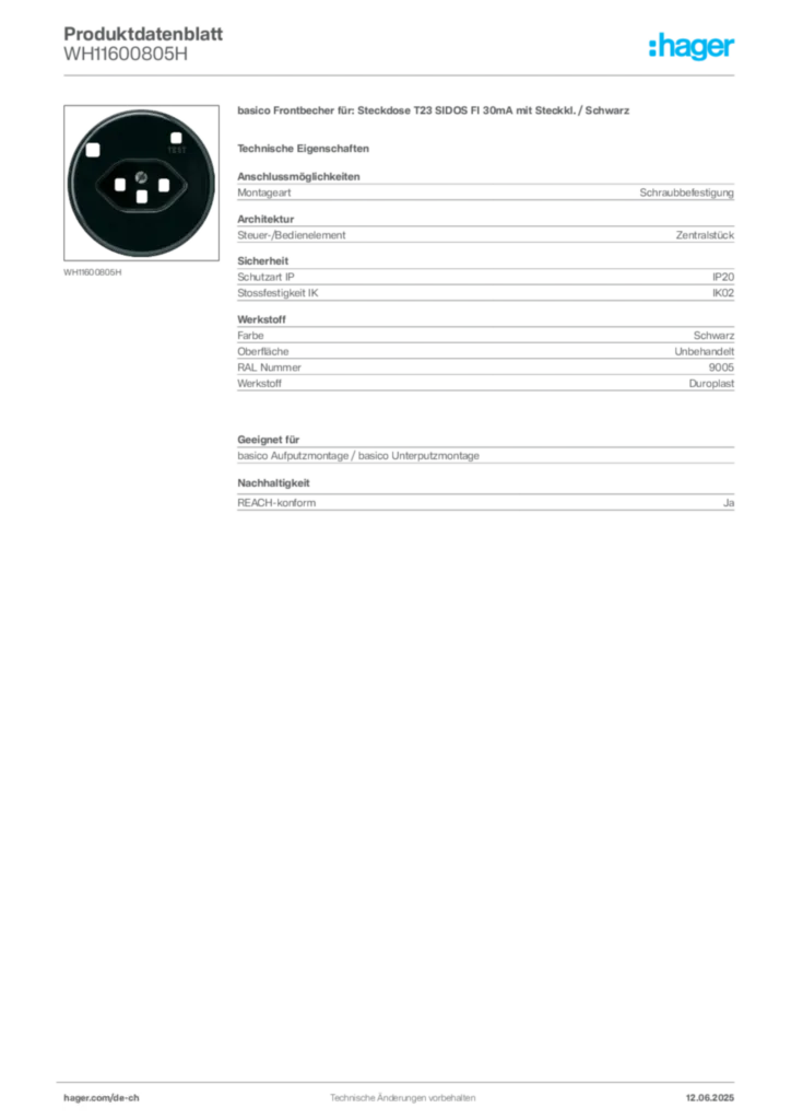 Bild Hager Produktdatenblatt WH11600805H | Hager Schweiz