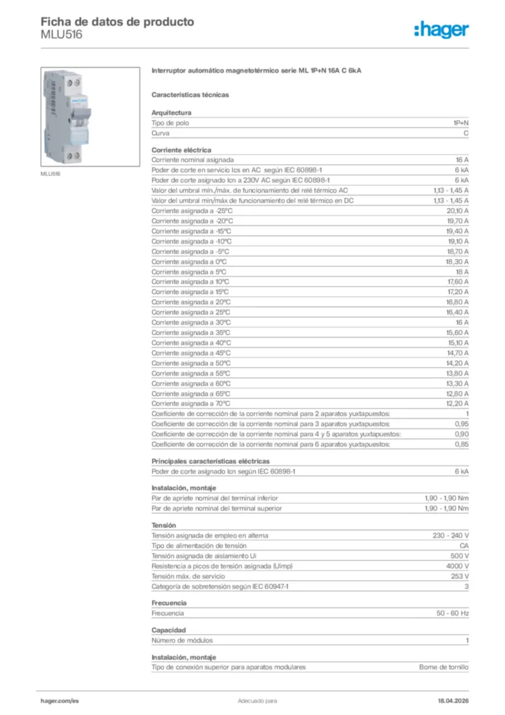 Imagen Hager Ficha de datos de producto MLU516 | Hager España