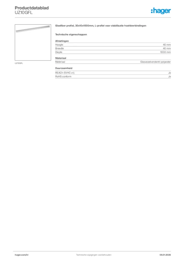 Afbeelding Hager Productdatablad UZ10GFL | Hager Nederland
