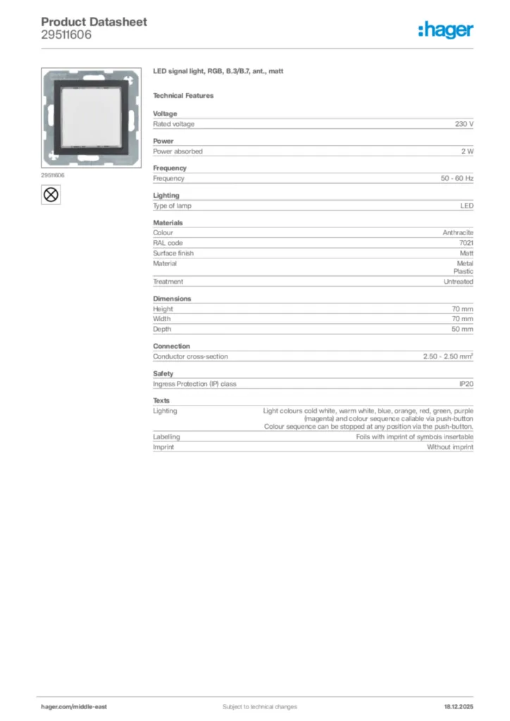 Image Hager Product data sheet 29511606  | Hager