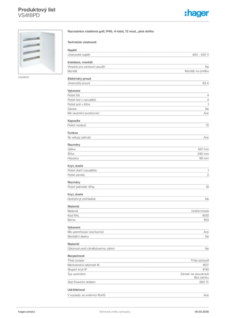 Obrázek Hager Product data sheet VS418PD | Hager