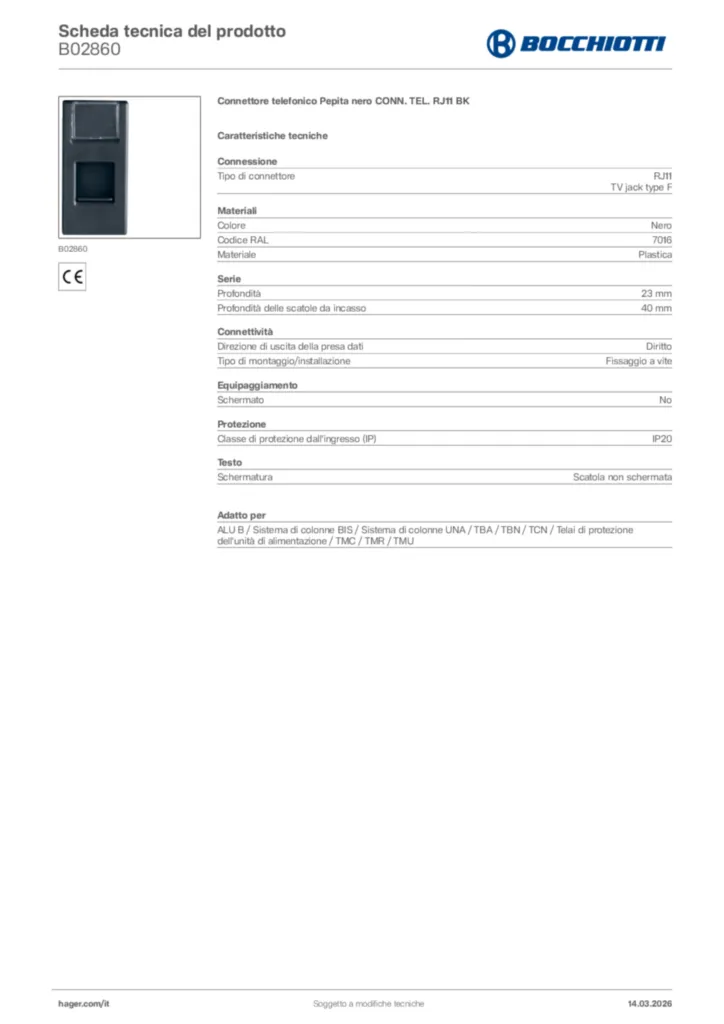 Immagine Bocchiotti Scheda tecnica del prodotto B02860 | Hager Italia