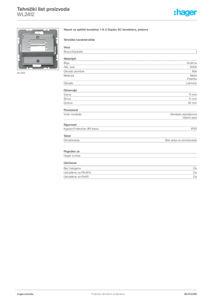Slika Hager Product data sheet WL2412  | Hager