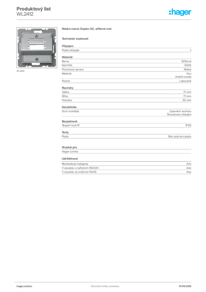 Obrázek Hager Produktový list WL2412 | Hager