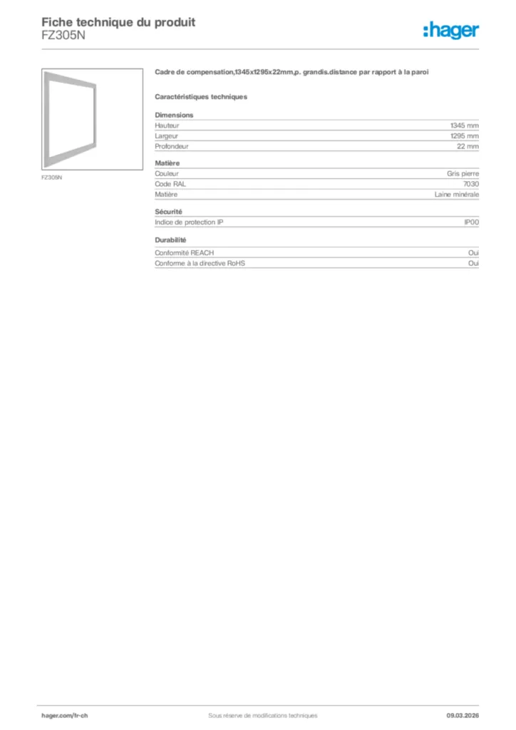 Image Hager Fiche technique du produit FZ305N | Hager Suisse