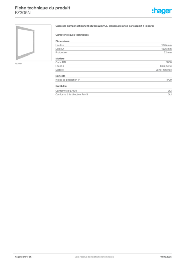 Image Hager Fiche technique du produit FZ305N | Hager Suisse