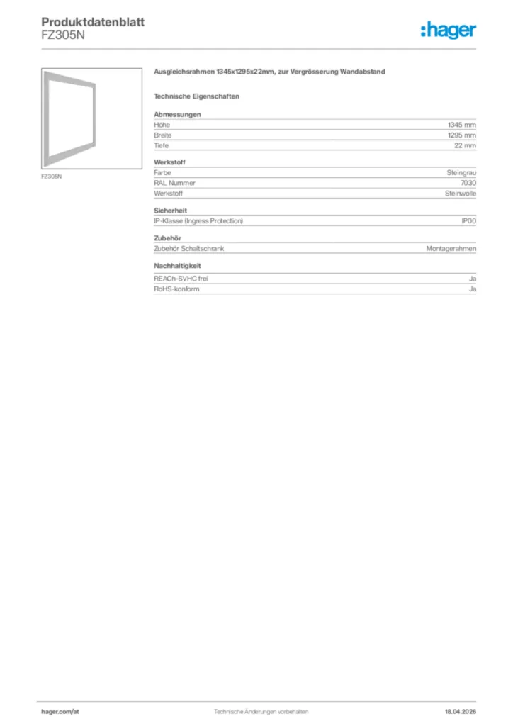 Bild Hager Produktdatenblatt FZ305N | Hager Deutschland