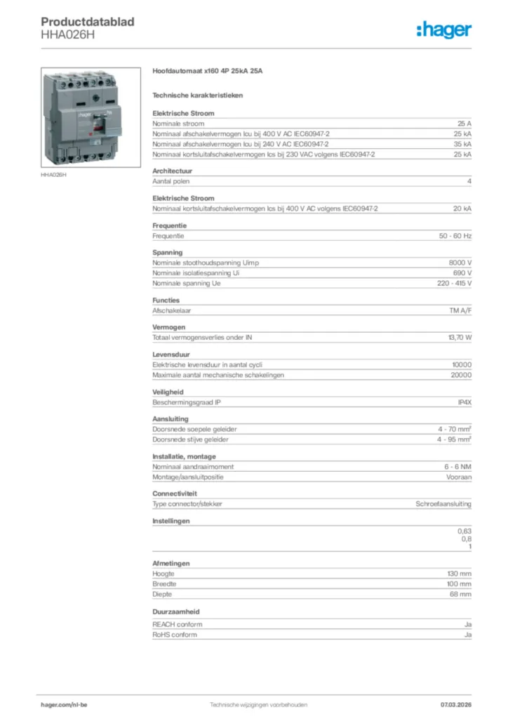 Afbeelding Hager Productdatablad HHA026H | Hager Belgium