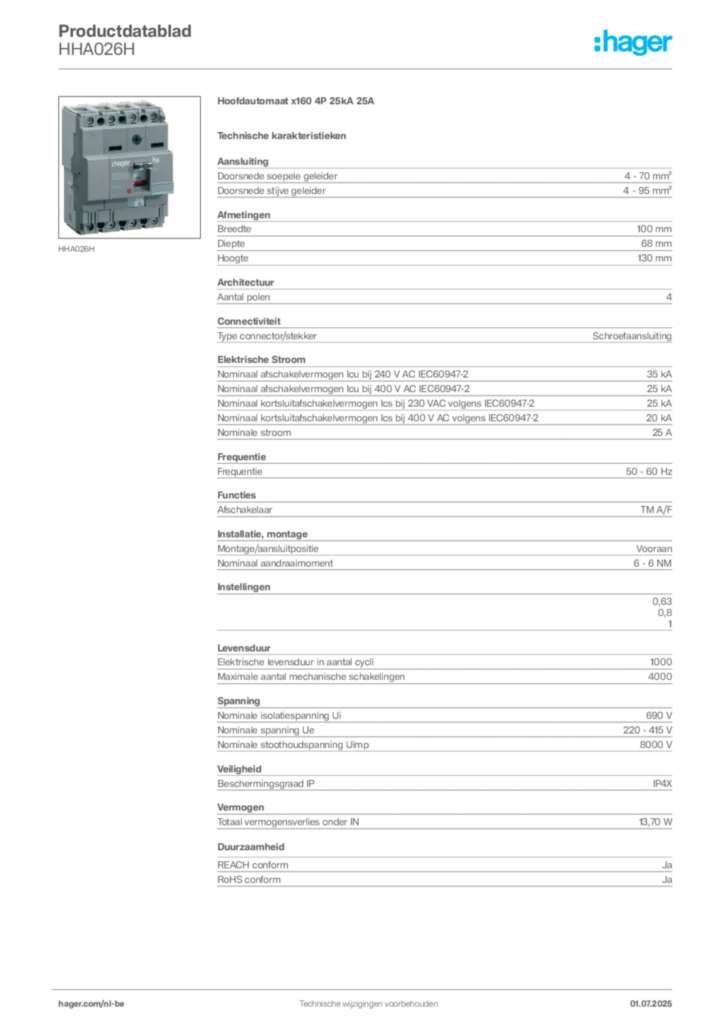 Afbeelding Hager Productdatablad HHA026H | Hager Belgium