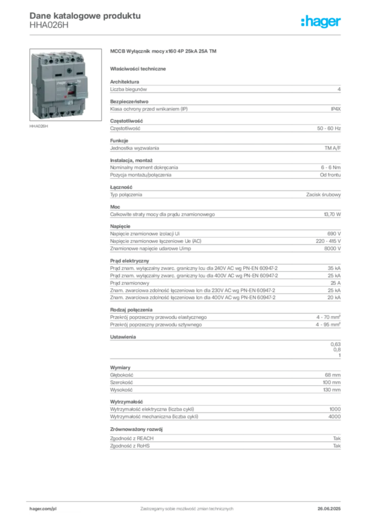 Zdjęcie Hager Karta katalogowa HHA026H | Hager Polska
