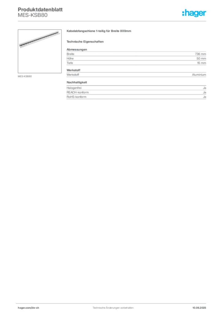 Bild Hager Produktdatenblatt MES-KSB80 | Hager Schweiz