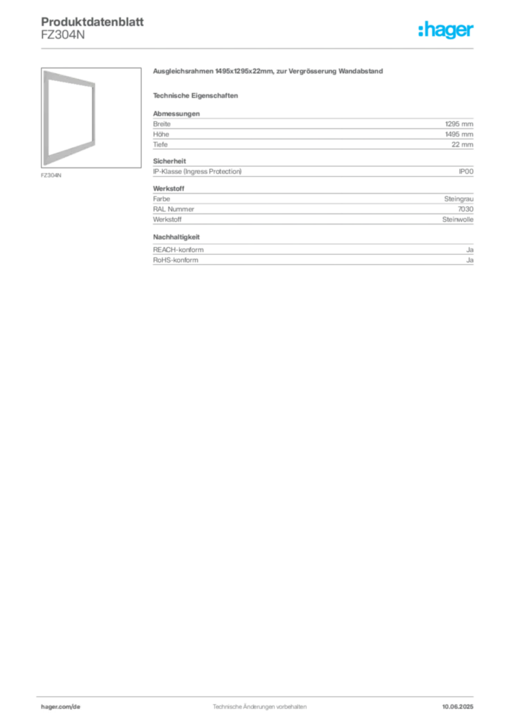 Bild Hager Produktdatenblatt FZ304N | Hager Deutschland