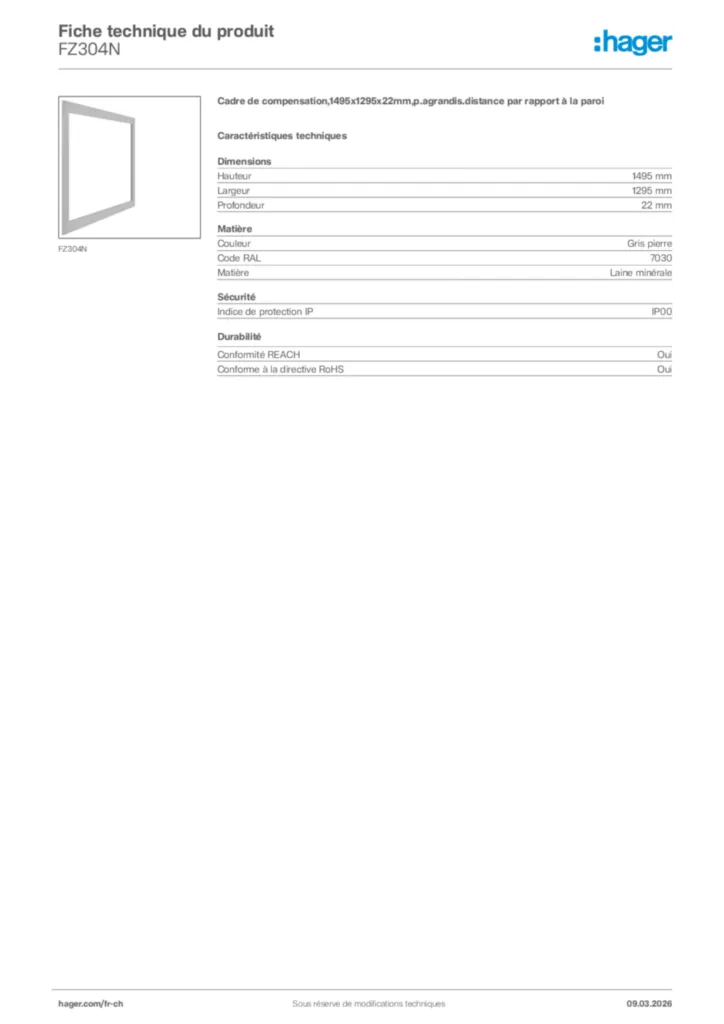 Image Hager Fiche technique du produit FZ304N | Hager Suisse