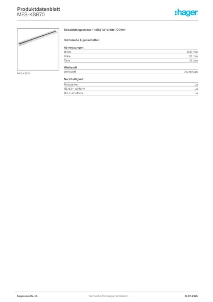 Bild Hager Produktdatenblatt MES-KSB70 | Hager Schweiz