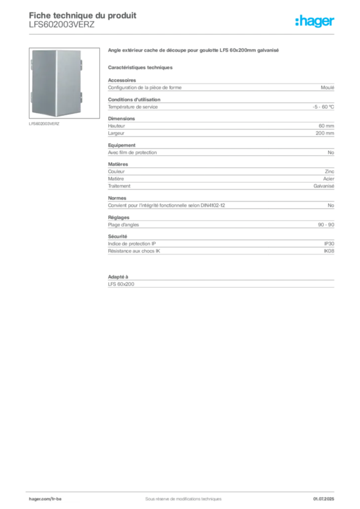 Image Hager Fiche technique du produit LFS602003VERZ | Hager Belgique