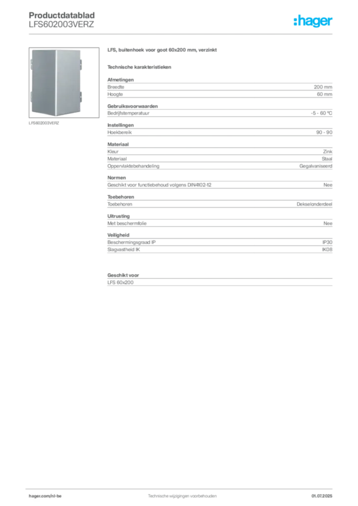 Afbeelding Hager Productdatablad LFS602003VERZ | Hager Belgium