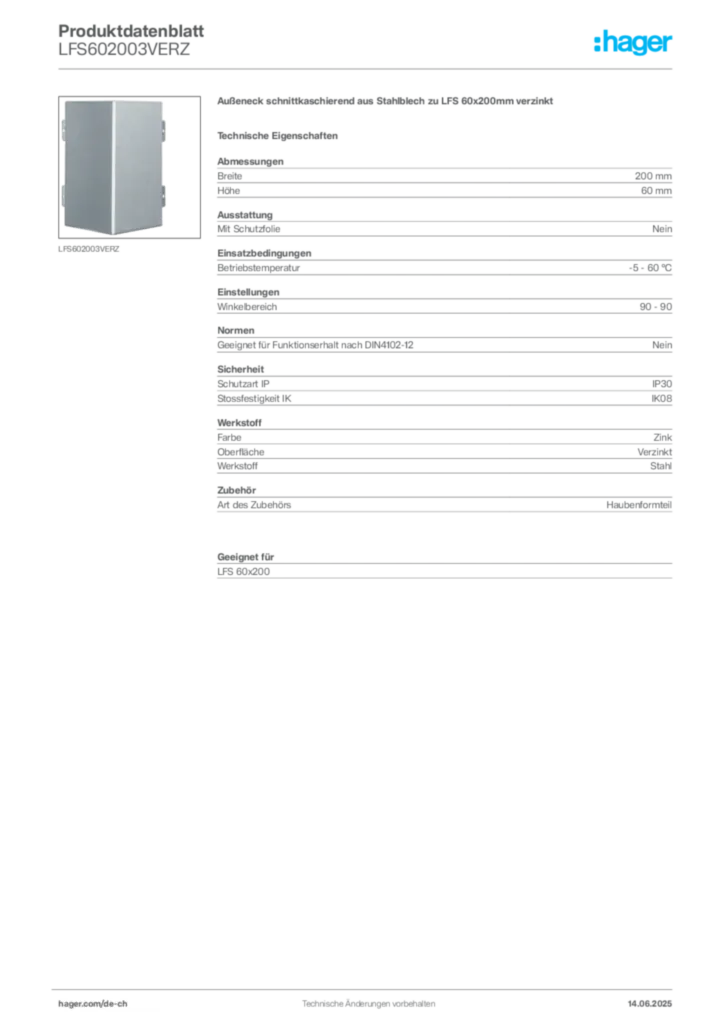 Bild Hager Produktdatenblatt LFS602003VERZ | Hager Schweiz