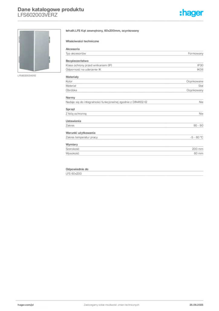 Zdjęcie Hager Karta katalogowa LFS602003VERZ | Hager Polska